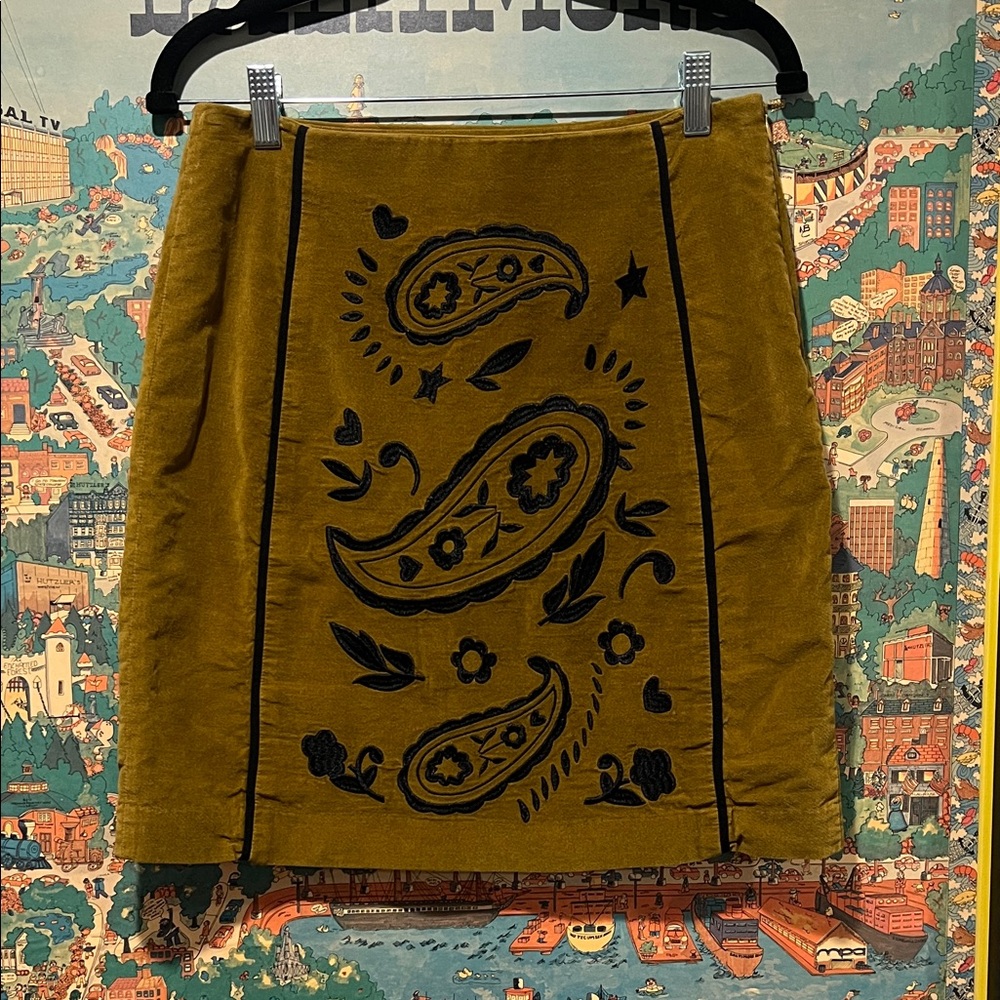 Boden A-Line Skirt with Black Folk Embroidery